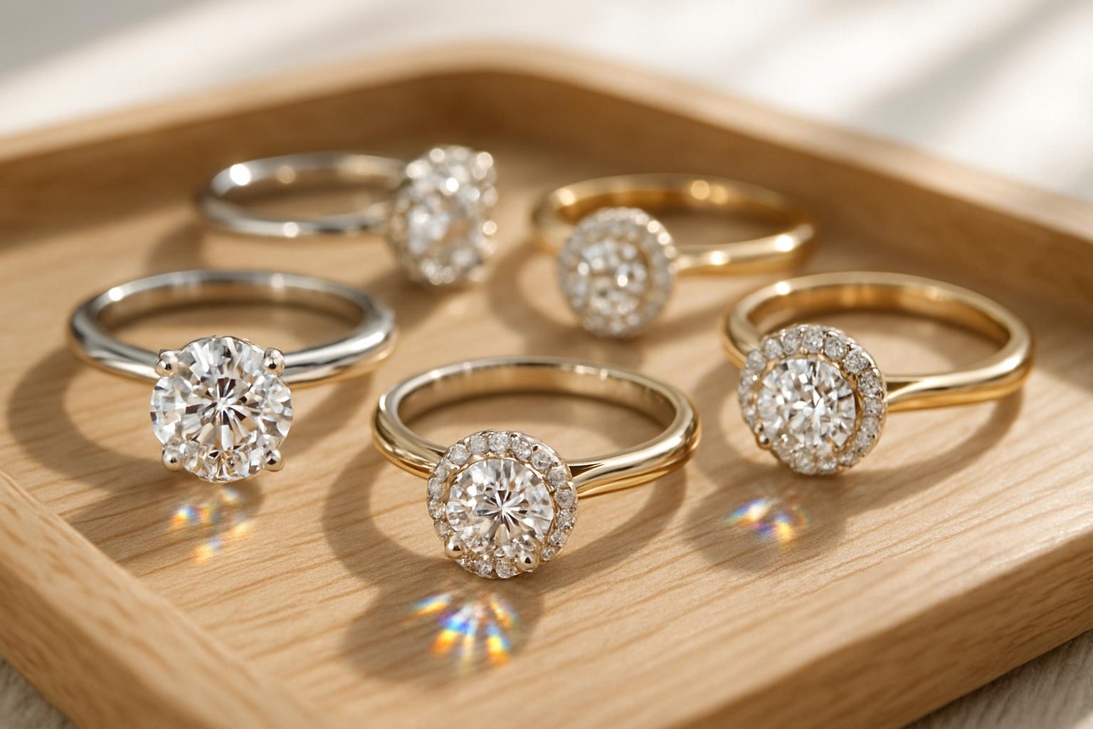 Beautiful diamond rings showcasing different sizes and styles on an elegant display